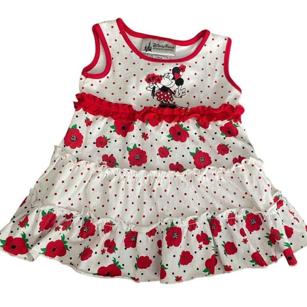 Disney Parks Minnie Mouse Baby Dress Red Polka Dot Floral Ruffle Tiered 3M